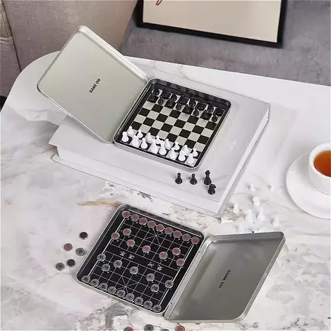 Mini Magnetic Chinese Chess & International Chess Set Foldable Metal Box Portable Board Game Intellectual Travel Game