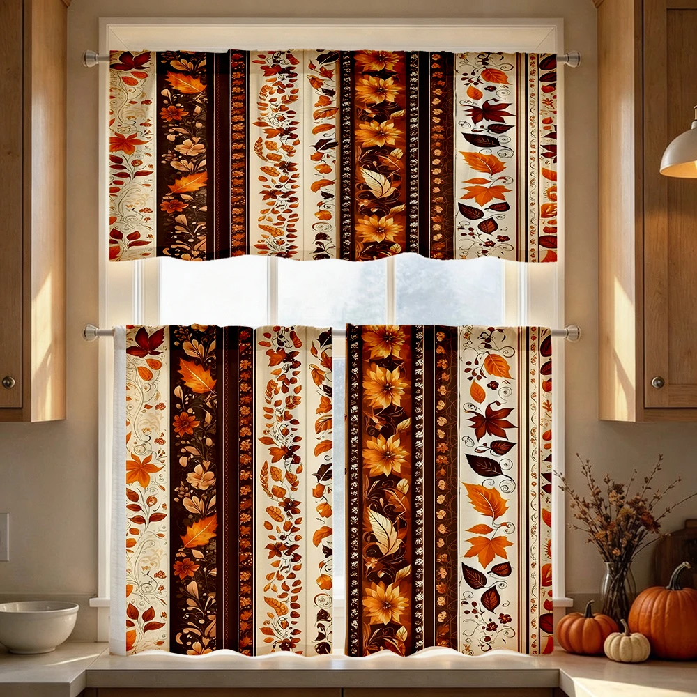 Thanksgiving Fall Kitchen Curtains, Brown Stripe Floral, Digital Print, Kitchen Dining Room, Rod Pocket Polyester, Home Decor
