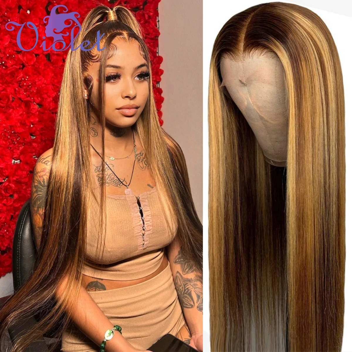 #4/27 13x4 Highlight Human Hair Lace Frontal Wigs 28 30 Inch Bone Straight Ombre Transparent Lace Frontal Wigs With Full Lace