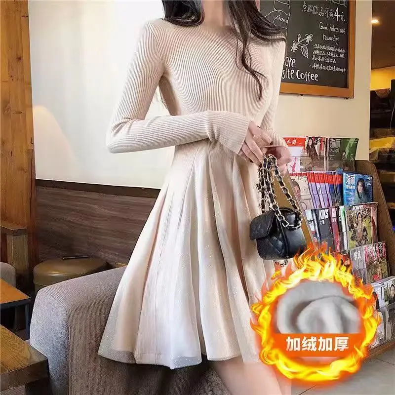 Autumn Winter 2024 Small Man Splicing Mesh Long Sleeve Women's Korean Edition High Waist Slim Fit Cute Aging Reduction Dresses