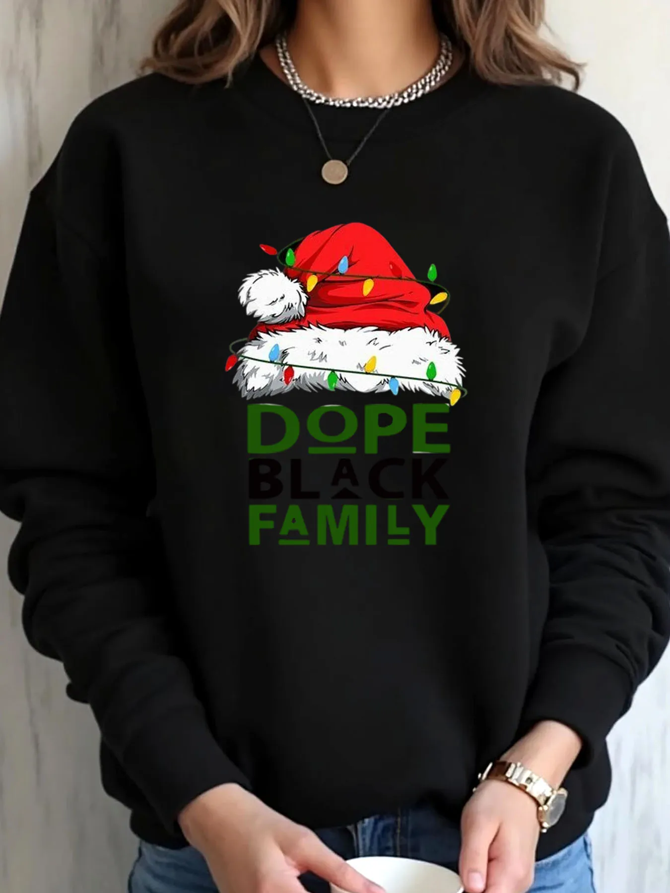 

Женская толстовка большого размера с рождественским ужином, черная семейная шляпа Санта-Клауса с огнями и принтом, верхняя одежда