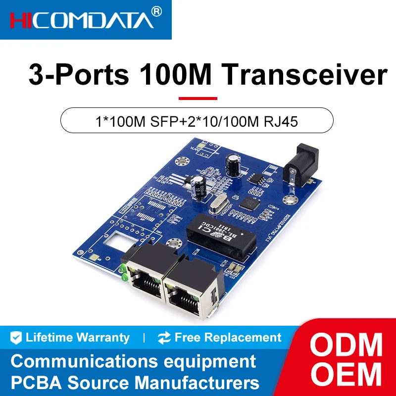 HICOMDATA 100M Fiber Optic Media Converter 5 3 Ports 1 SFP 4 RJ45 1 SFP 2 RJ45 20km SC Port Isolated Fiber Transceiver PCBA