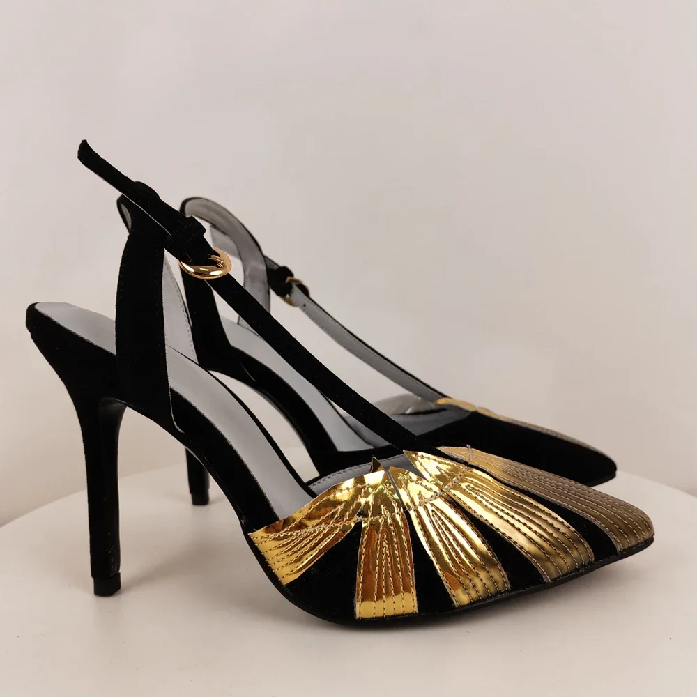 Gold Leaf Pointed Toe Stiletto Sandals High Heels Cross Straps Mixed Color Shallow Pumps Summer Sexy Women Single Shoes