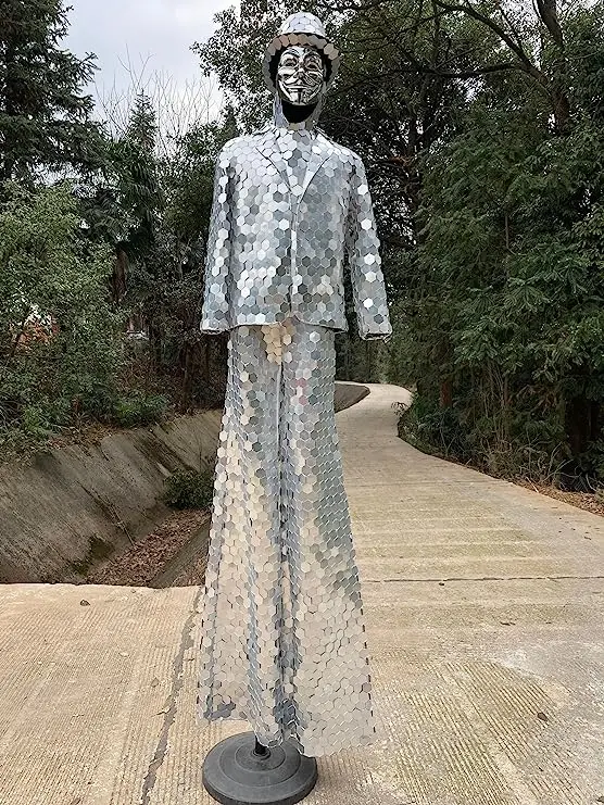 Handmade Silver Stilts Walker Mirror Man Show Suit Stage Dress Performance Costume Outfit