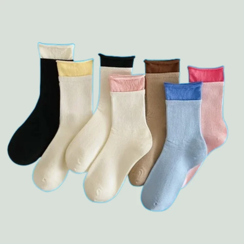 3/6 Pairs Japanese Color Matching Korean Trendy Socks Double Cuff Socks Women's Fake Socks Two-piece 2024 New Middle-tube Socks