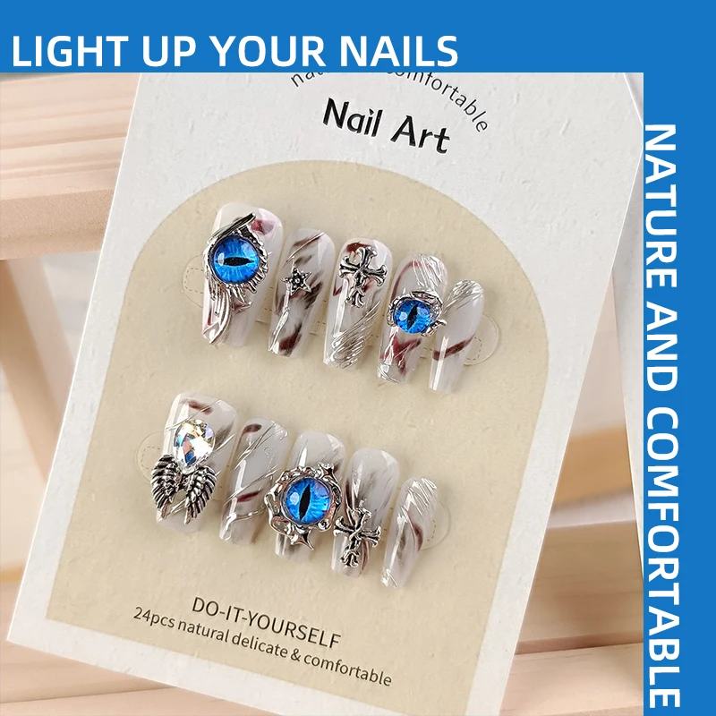 Blue Evil Eye Square Wearing Armor Silver Lines Cross Wings Stars Dark Nail Kit