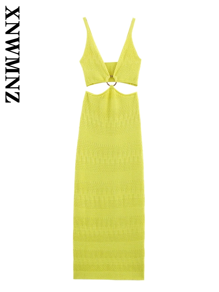 XNWMNZ 2025 verano señora Simple delgada correa de hombro sin espalda de punto vestidos midi club Chic mujer verde hombro vestido de moda