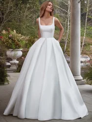 Vestidos de novia de satén para mujer, traje blanco sin espalda, línea A, elegante, con bolsillos, sin mangas, sencillo, largo