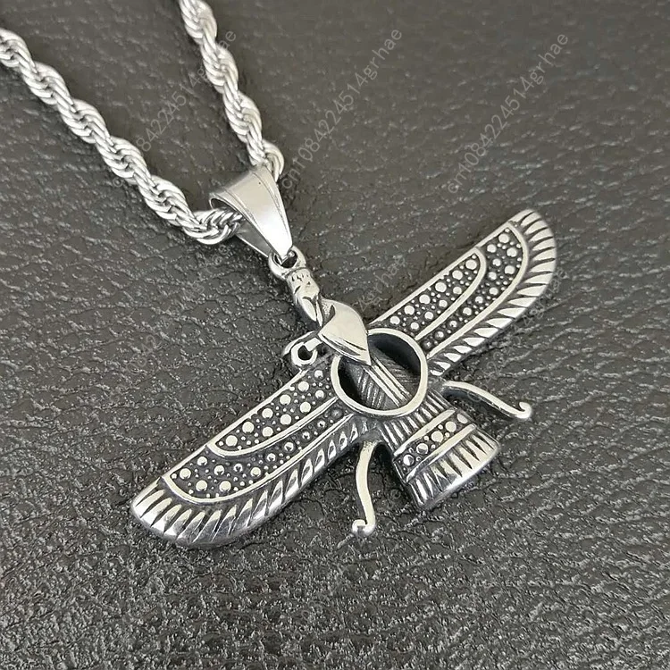 Collana con ciondolo in acciaio inossidabile con ala persiana Iran Farvahar Zoroastrian per uomo Gioielli maschili vintage Persia Faravahar Pahlavi