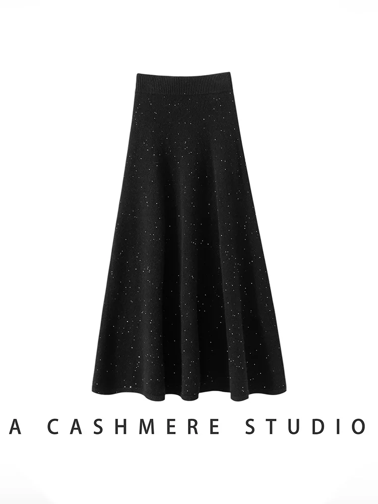 New Women's 100% Cashmere Sweater A-Line Cashmere Midi Skirt Hight-Shine Sequins Knitwear Hight Quality Autumn Winter Soft Warm