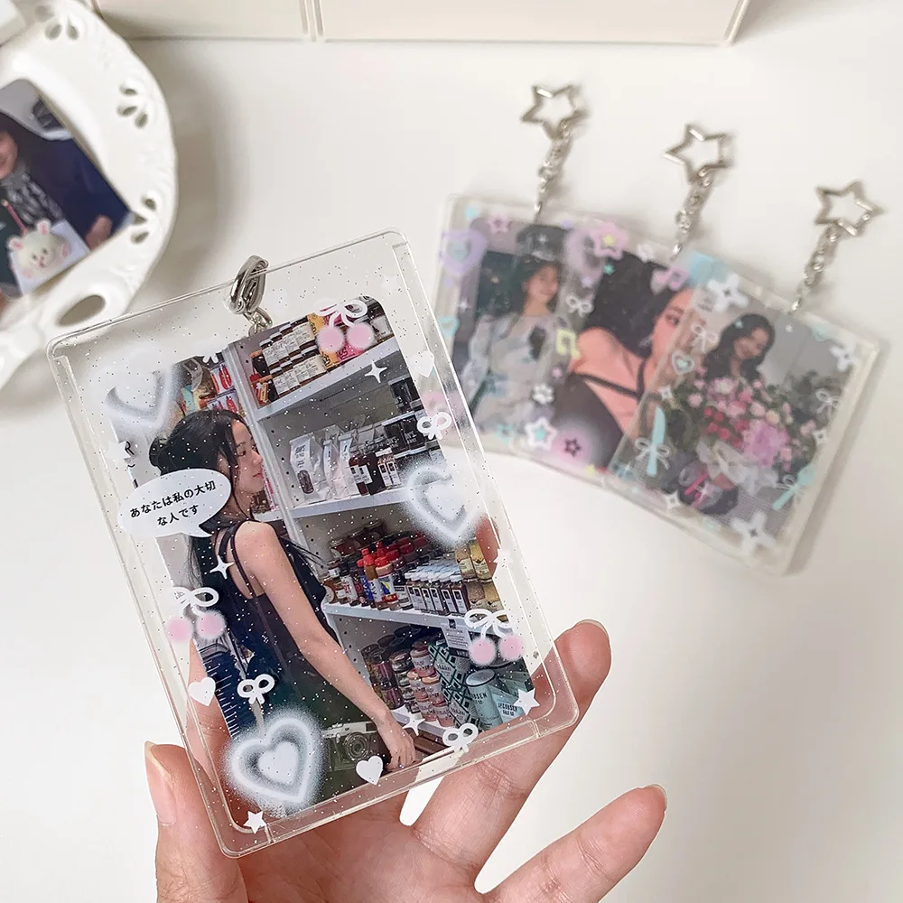 

Lovely Star Photocard Holder 3Inch Acrylic Cartoon Cards Protect Cover With Keychain Heart Star Printed Idol Photo Card Sleeves