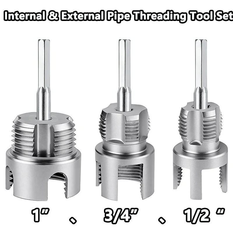 Conjunto de Ferramentas para Rosquear Tubos Internos e Externos, 3 Peças, Kit de Rosqueamento para Tubos de PVC Plástico 1/2'', 3/4'', 1'', Ferramenta de Rosqueamento Compatível com Furadeira