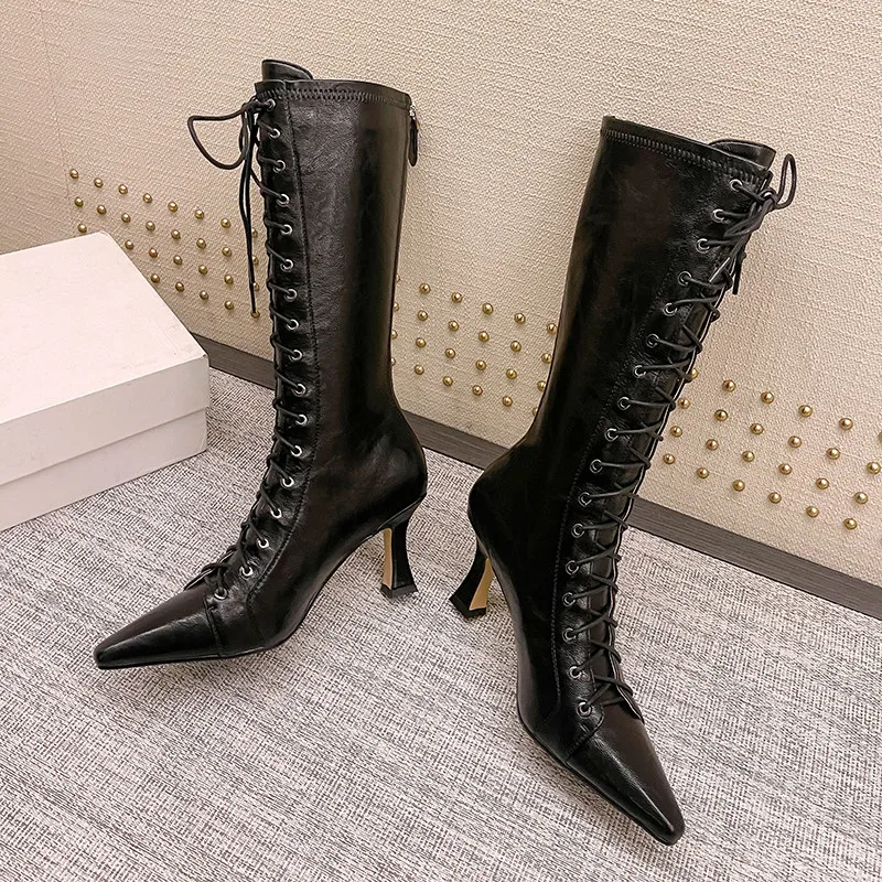 MKKHOU Fashion Short Boots Women's New Style Genuine Leather Pointed Cross Tie High Heel Boots Knee Boots Mid Top Long Boots