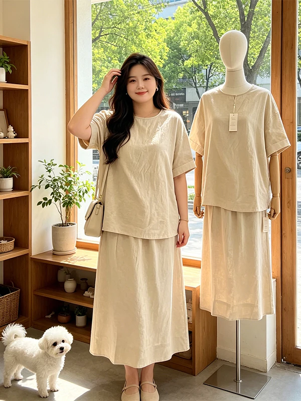

Loose Casual Outfit Women's plus Size round Neck Half Sleeve Mid-Length Skirt Two-Piece Set Comfortable Korean Style Summer E...
