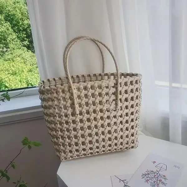 INS Handmade Hollow Woven Bag, Plastic Hand Basket, Small Fresh, Simple Outing, Beach, Picnic, Candy Color Clutch Bag