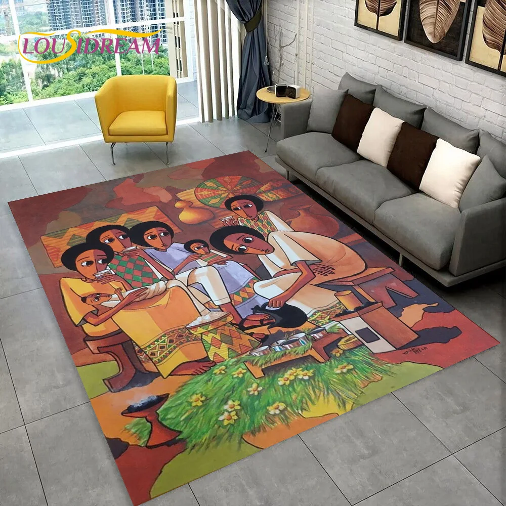 3D Africa Ethiopian Painting Art Custom Cartoon Area Rug Large,Carpet for Home Living Room Sofa Doormat Decor,Non-slip Floor Mat