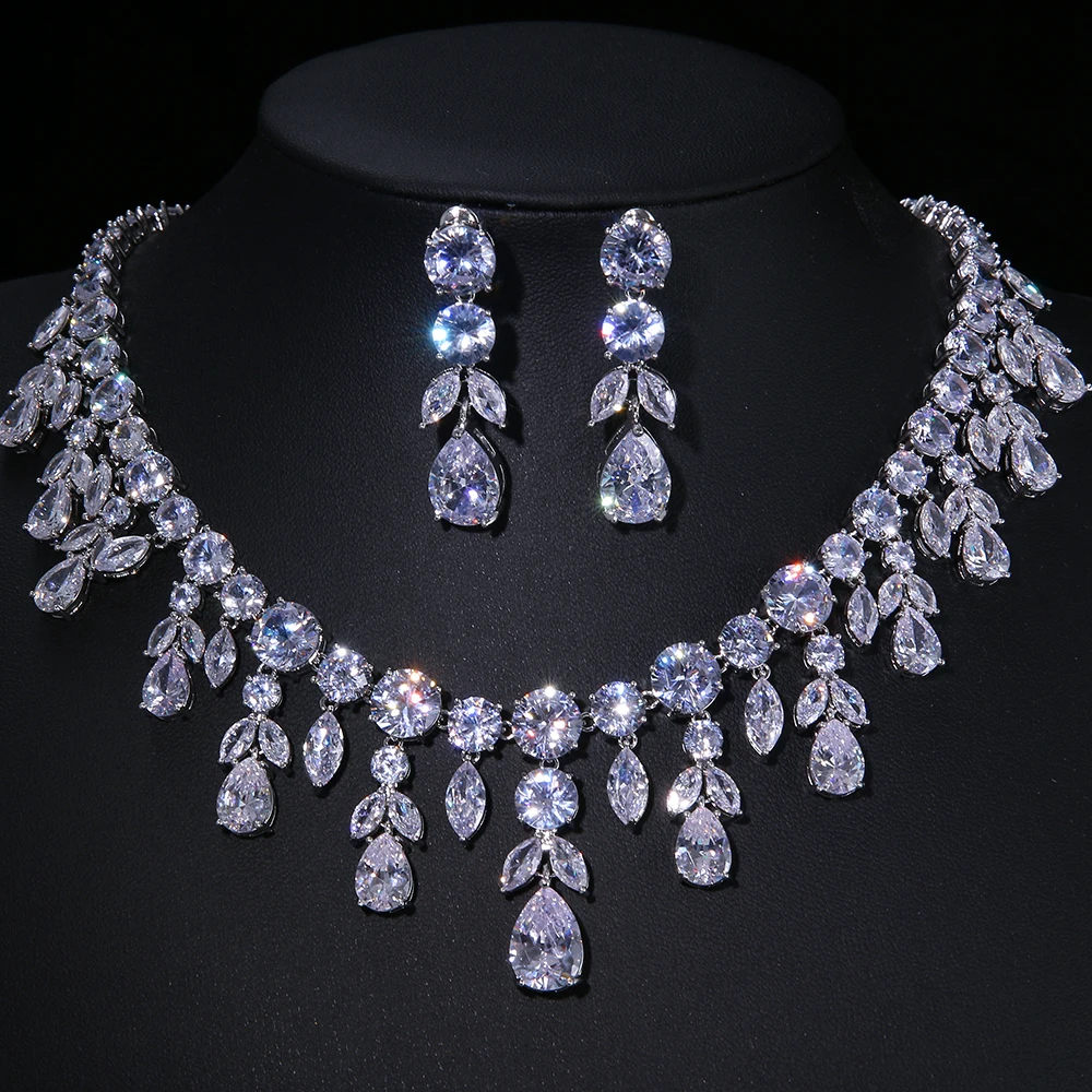 Emmaya Zircons Bling Square Drop Dark Blue Cubic Zircon Necklace and Earrings Women Party Jewelry Set for Wedding Brides