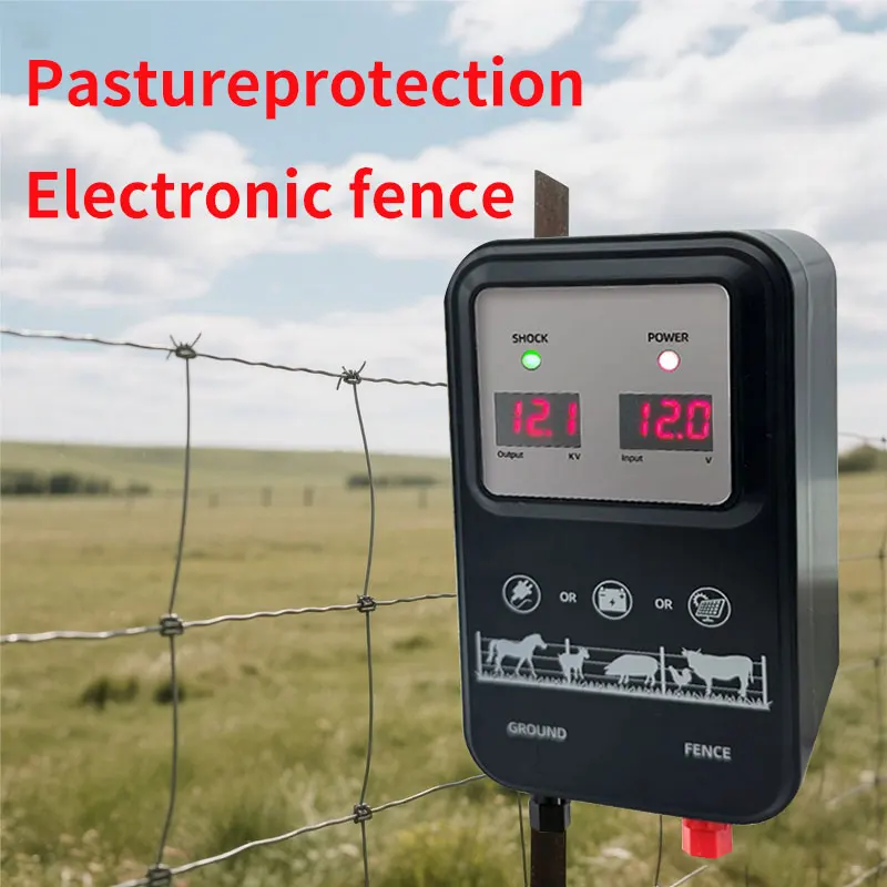 10KM Electric Fence Energizer 1.5 Joule With LCD Display 12V High Voltage Controller Device for Farm Livestock Cows Cattle Horse