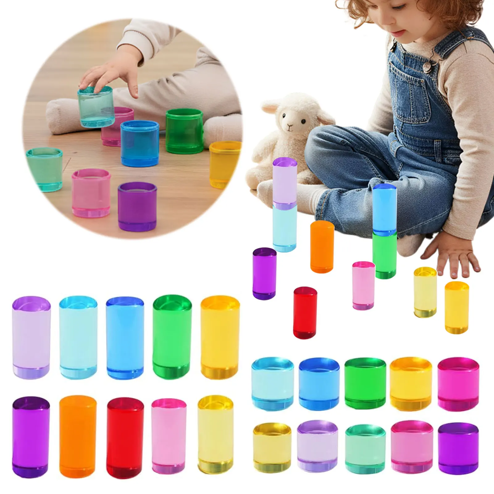 10 pçs arco-íris acrílico cilindros blocos acrílico arco-íris blocos de construção cilindro blocos de construção empilhamento brinquedo para crianças