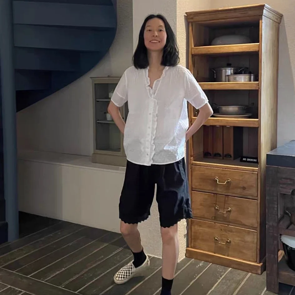 

Sweet Polka Dot Loose Shirt Short Sleeve Women's Dress with Lace Hem V-neck Spring Fashion Casual Comfortable Cotton Blend