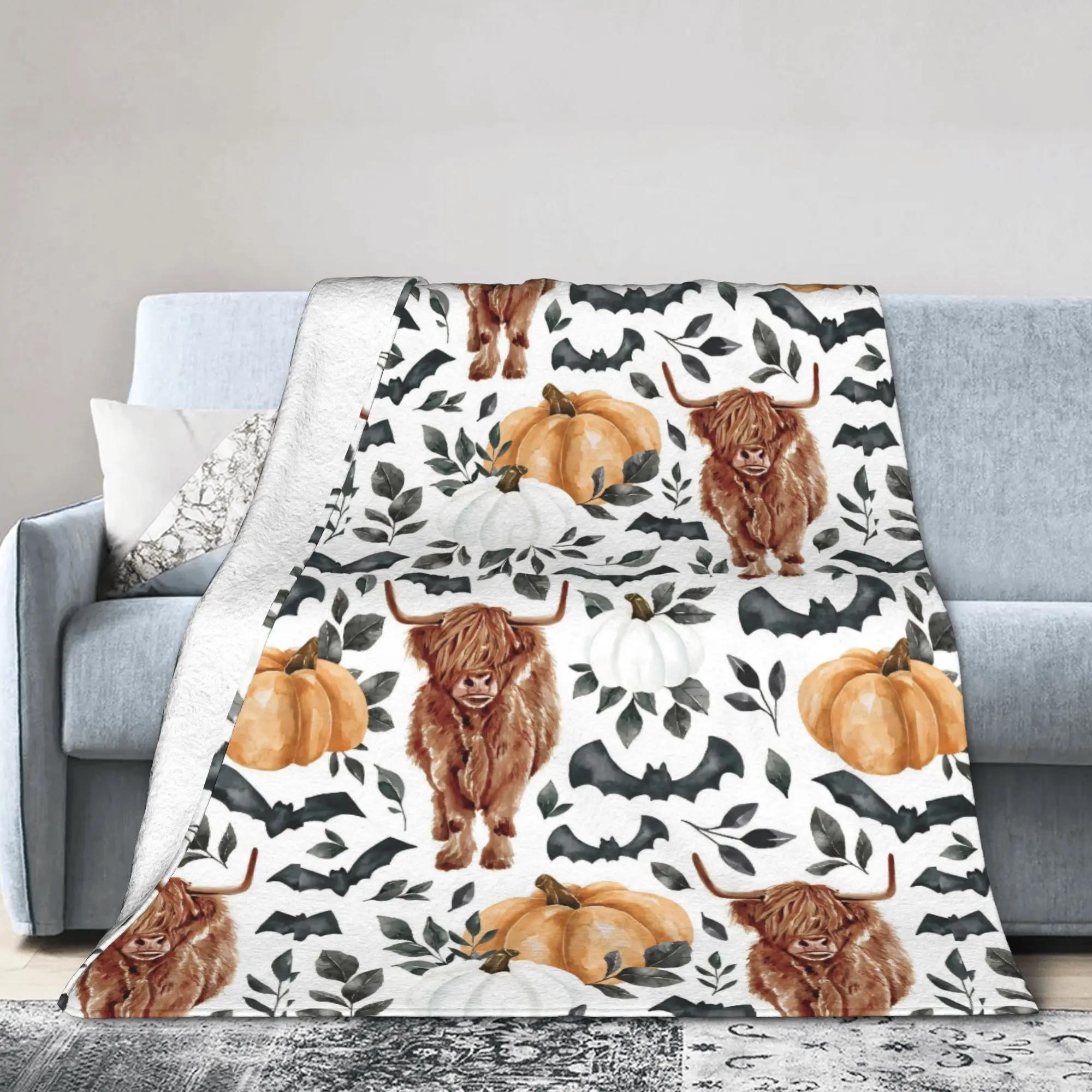 Highland Cows Fall Pumpkin Blanket Halloween Bat  Flannel Throw Blankets Bedding Couch Decoration Soft Warm Bedsprea