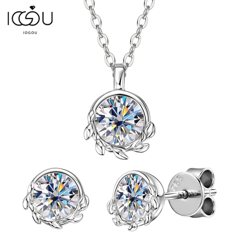 IOGOU VVS1 GRA Moissanite Jewelry Set 925 Sterling Silver Olive Leaf Round Solitaire Pendant Necklace Earrings Set for Womenv