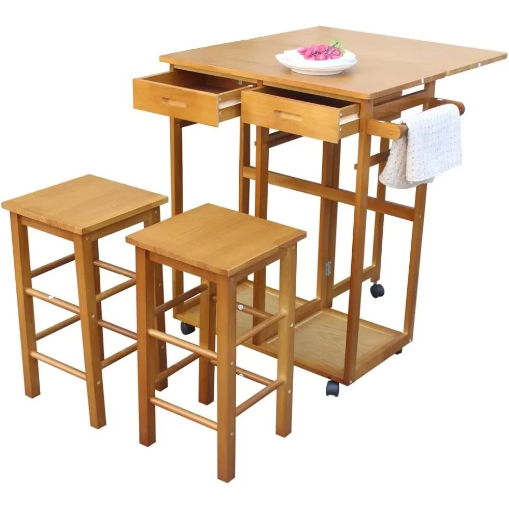 

Kitchen Island Trolley Cart with 2 Stools - Dining Table and Chair Set with Folding Drop Leaf - Kitchen Table on Wheels - Rollin
