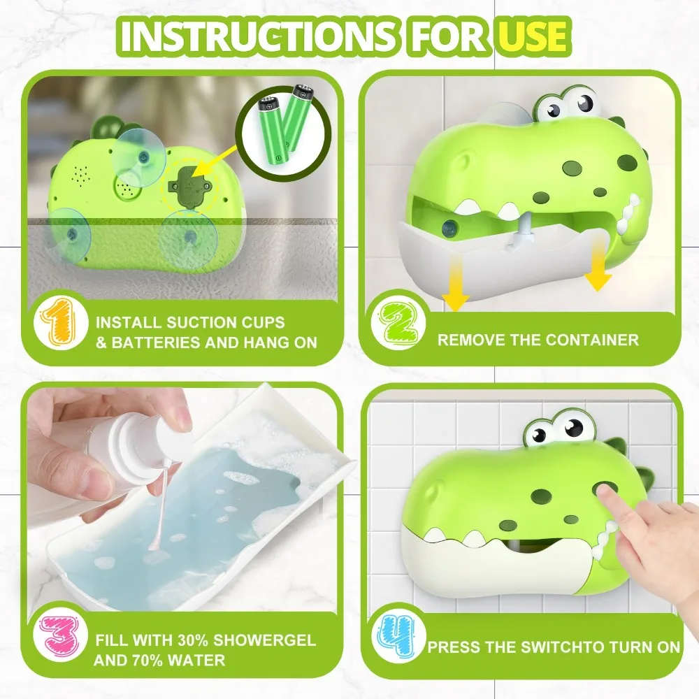 음악 공룡 거품 기계 녹색 내구성 아기 목욕 거품 장난감 공룡 모양 경량 아기 목욕 물 장난감
