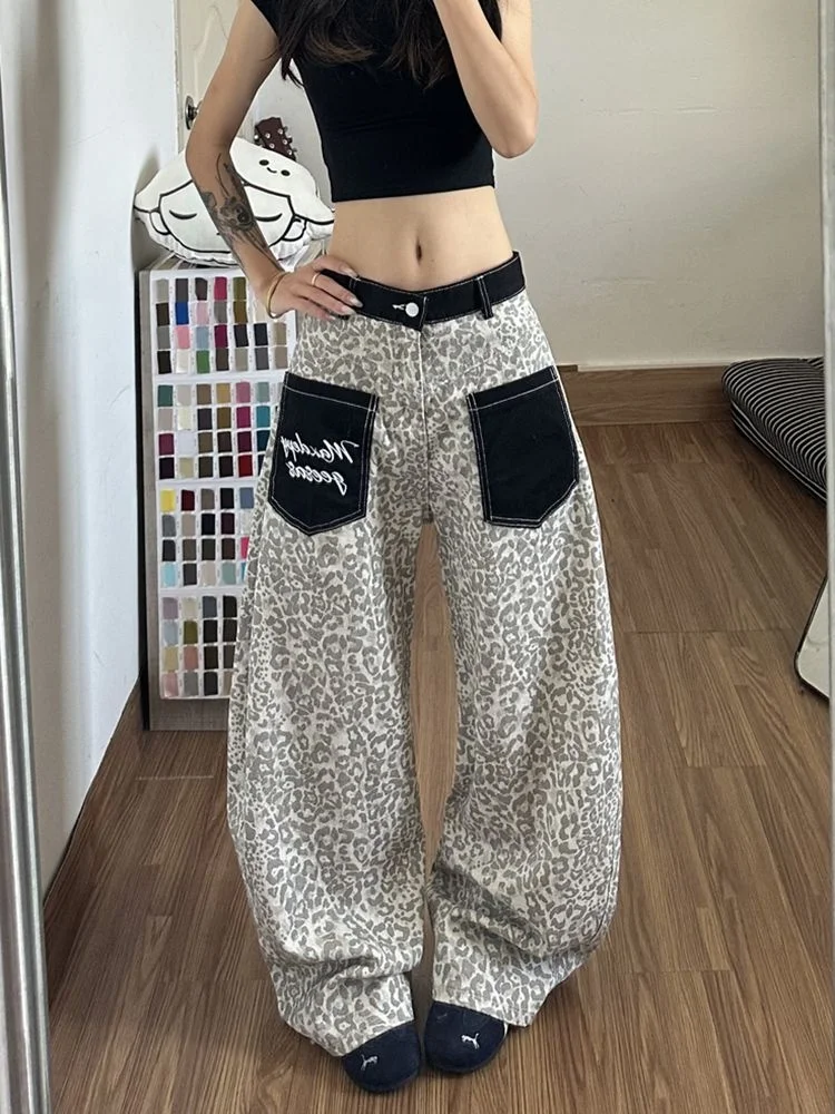 

American Style Low Waist Wide Leg Denim Pants Women's Summer Loose Slim Straight Casual Trousers Leopard Print Casual Jeans