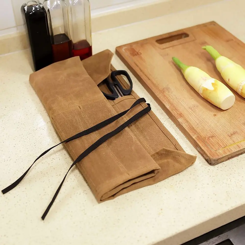 Camping Cooking Utensil Storage Bag Waxed Canvas Roll Organizer Portable BBQ Picnic Chef Tool Carrier Kitchen Case