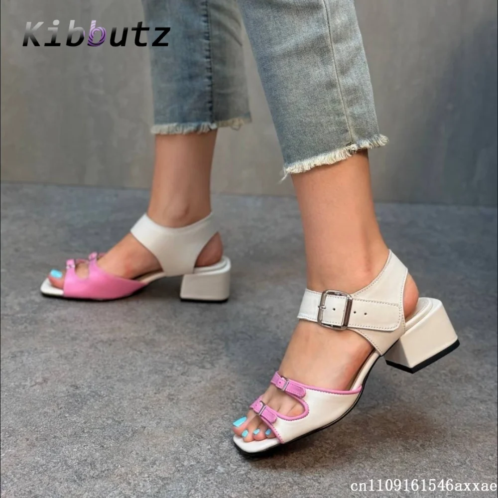 Square Toe Color Block Mid Heel Sandals Women's Multi Buckle Ankle Strap Adjustable Summer Beach Casual Outdoor Trendy Sandals