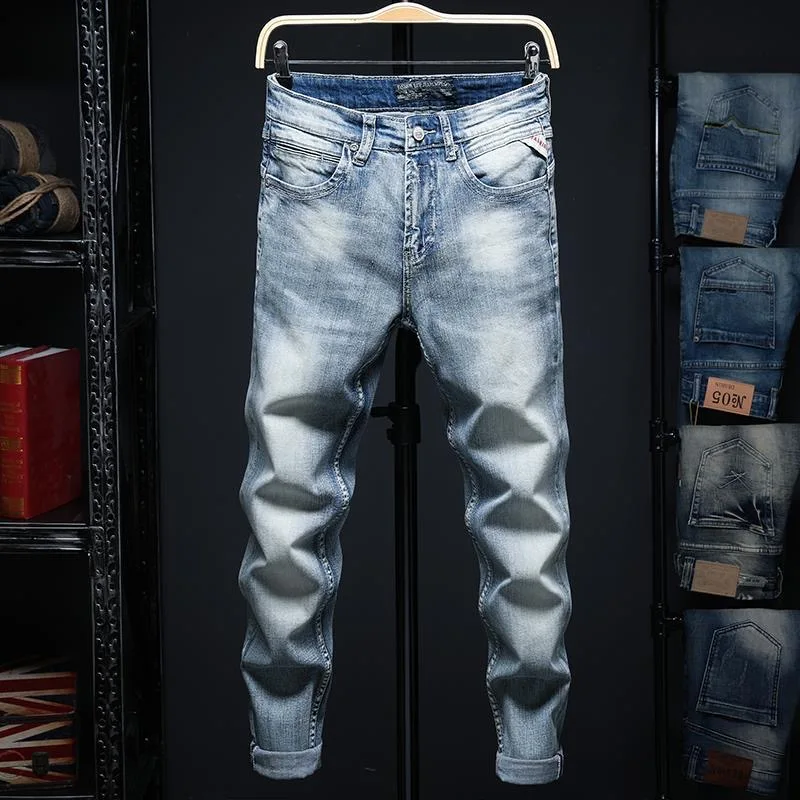 Calça jeans reta e elástica masculina, calça casual justa, confortável e respirável, monocromática, nova moda, 28-36, primavera e outono, 2024