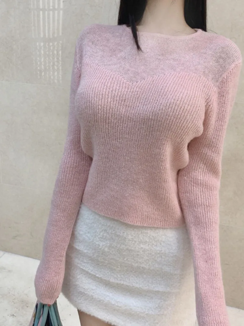 2024 Autumn/winter Korean Version New Round Neck Long Sleeve Pullover Women Cinching Waist Solid Slim Knitted Short Top IJR1