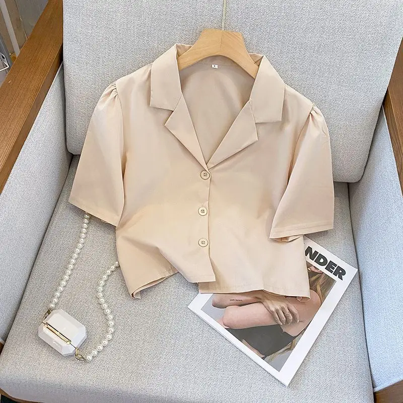 Women Clothing Korean Solid Short Blouse Summer New Short Sleeve Simplicity All-match Button Fashion Shirt Tops Casual Trend