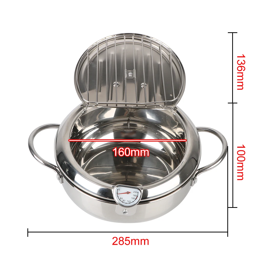 Cooking Tool 2 Handles Tempura Fryer Pan 304 Stainless Steel Deep Frying Pot Japanese Style 20 cm 2.2L With Thermometer and Lid