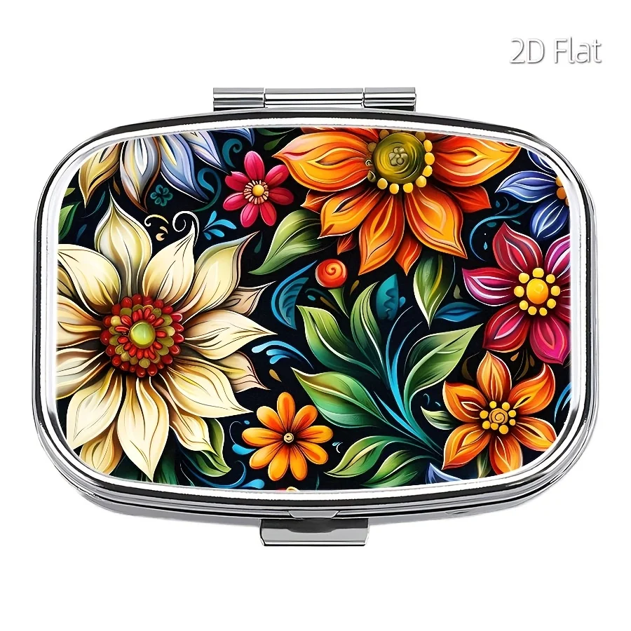 This Flat Pill Box Features a Beautiful Floral Design and Includes Two Compartments, Making It Convenient for Storing Medication. It Is a Compact Storage Box, Perfect for Home Use, Travel, or as a Thoughtful Gift, and Can Easily Be Placed in Your Pocket or Purse.