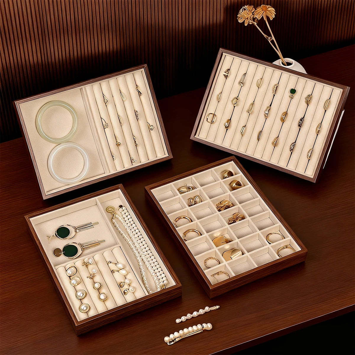 

1pc Wooden Jewelry Tray Multi Specification Bracelet Necklace Velvet Tray Earrings Rings Watches Hair Accessories Display Board