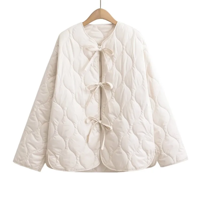

2025 Winter Women's Warm Cotton Jacket French-Style with Bow Crew Neck Black & White Color Stylish Casual Outerwear Daily Wear