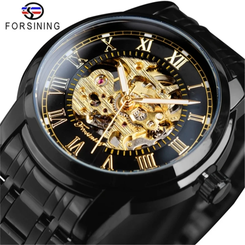 Forsining 349 Luxury Fashion Skeleton Hollow Mechanical Stainless Steel Men Clock Business Wristwatch