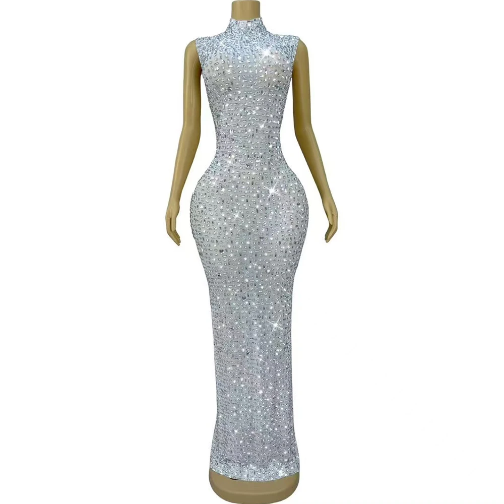 

Sexy Simple Style Elegant Pure White Evening Gown Blingbling Silver Rhinestones Dress Wedding Cocktail Party Photoshoot Costume