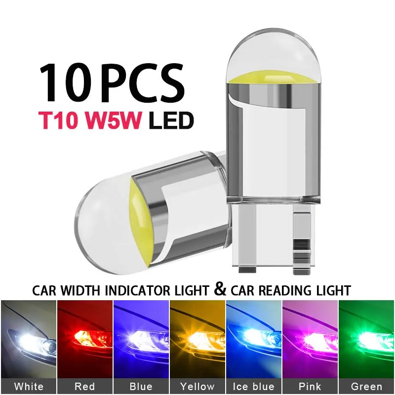 YiRui New LED 10X T10 Clearance Lamp  W5W COB 6000K  White Blue Red Interior Trimled Bulbs 12v