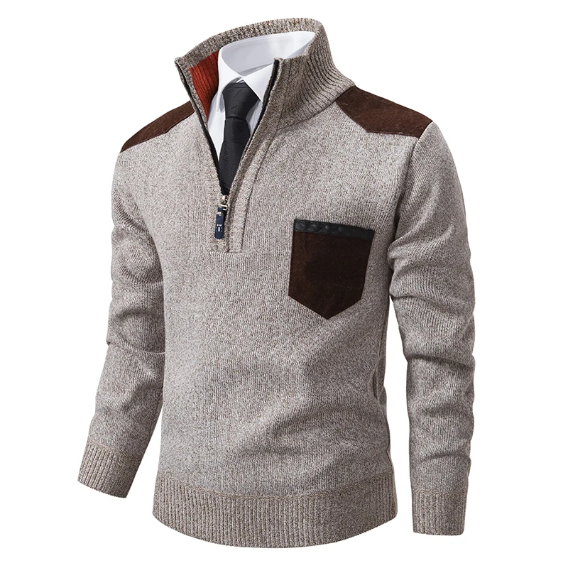 Suéter de punto para hombre, jerseys de media cremallera, cuello levantado, ajustado, cálido, informal, Otoño e Invierno