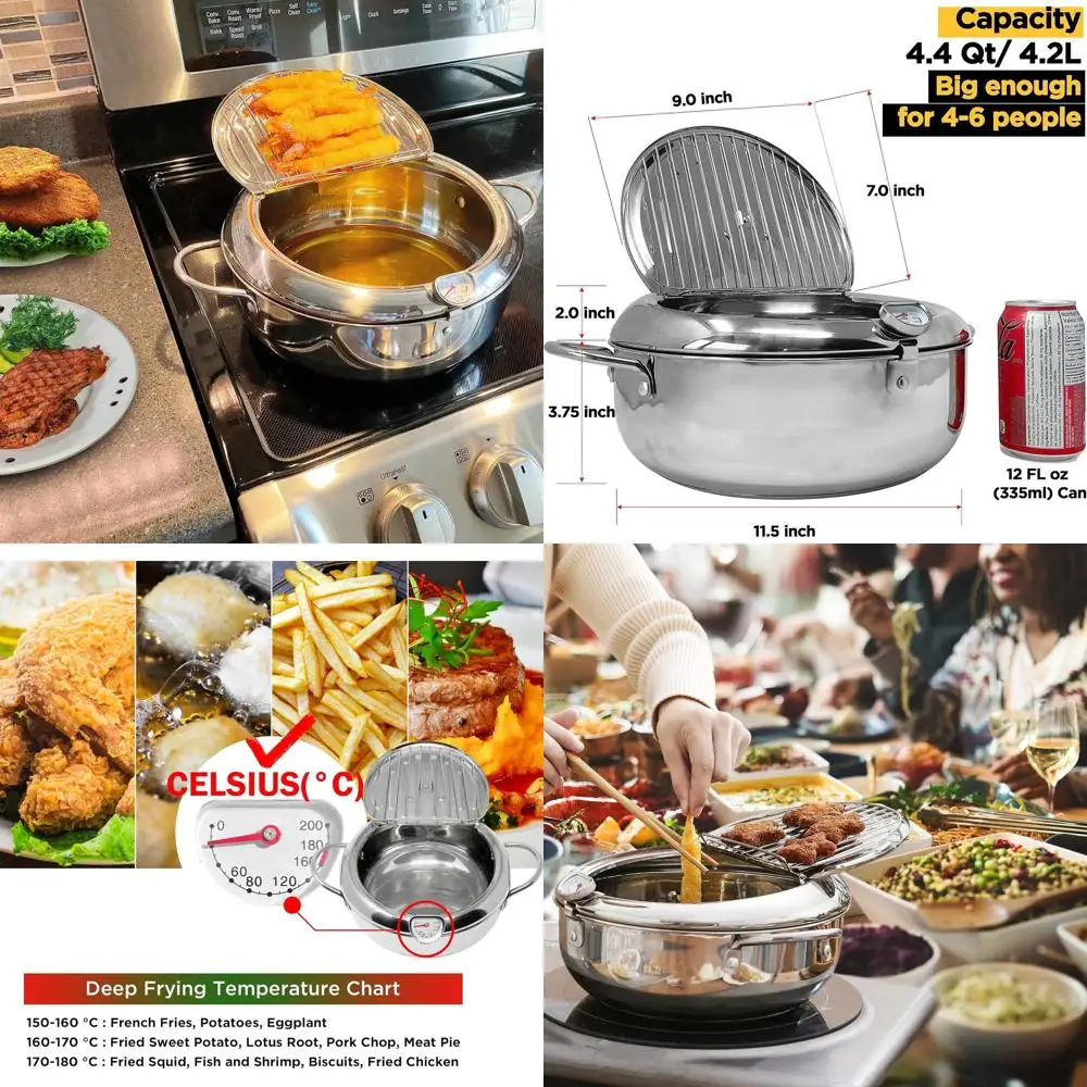 

Large 4.2L Stainless Steel Frying Pan with Lid, Temperature Control, and Oil Drain Rack
