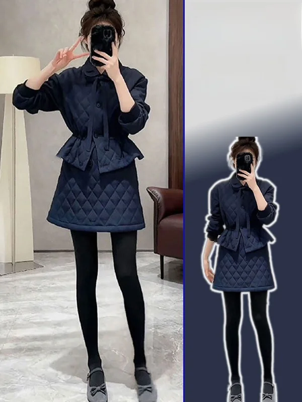 

plus Size Women's Luxury Sle Cotton Jaet with Bow Tie And A-Line Skirt Set Warm And Sli Winter Faion Ensemble