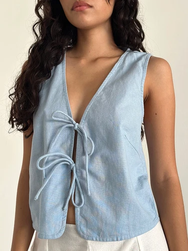 Imagen 2 del producto Camiseta sin mangas con tirantes Retro para mujer, Top corto sin mangas con lazo, Tops cortos de verano, a la moda ropa de calle, Tops Y2k