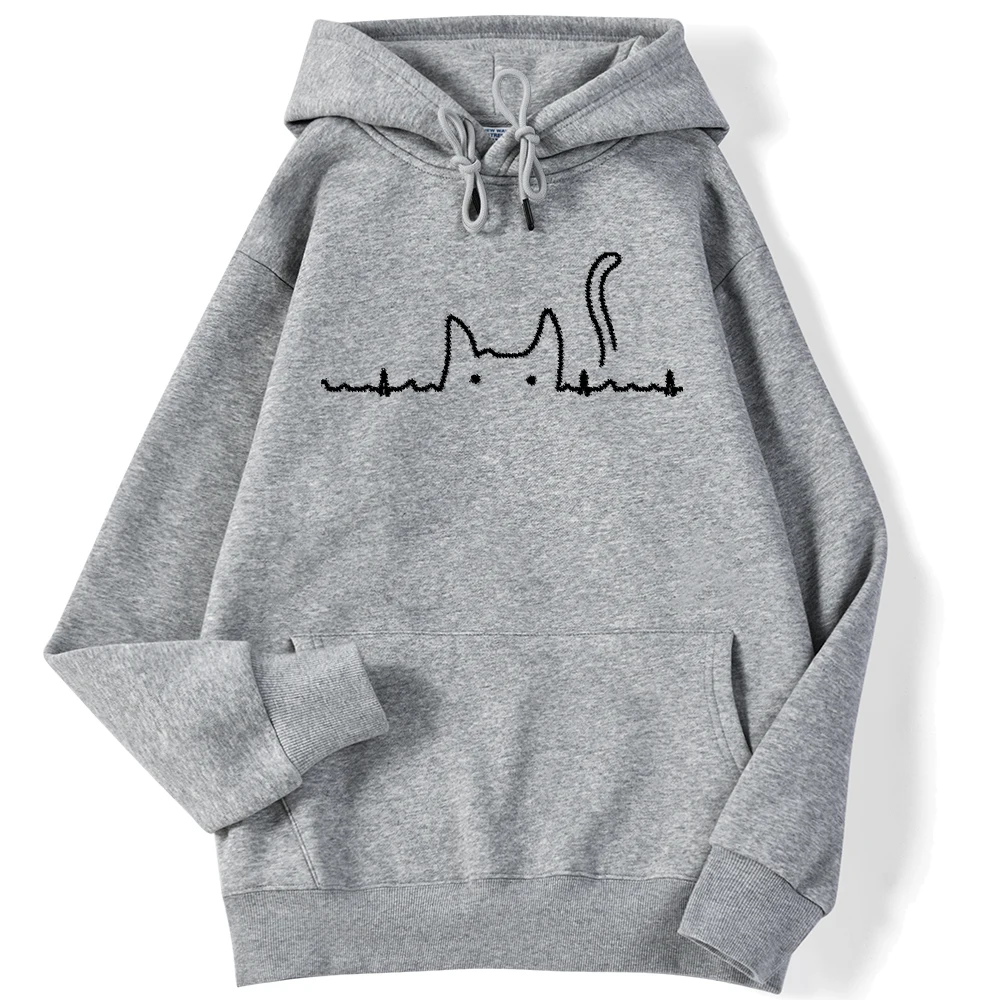 2024 Sporty Women's Hoodie Cat Tail Electrocardiogram Kawaii Printing Pullover Loose Strecth Pocket Sweatshirts Streetwear Cloth