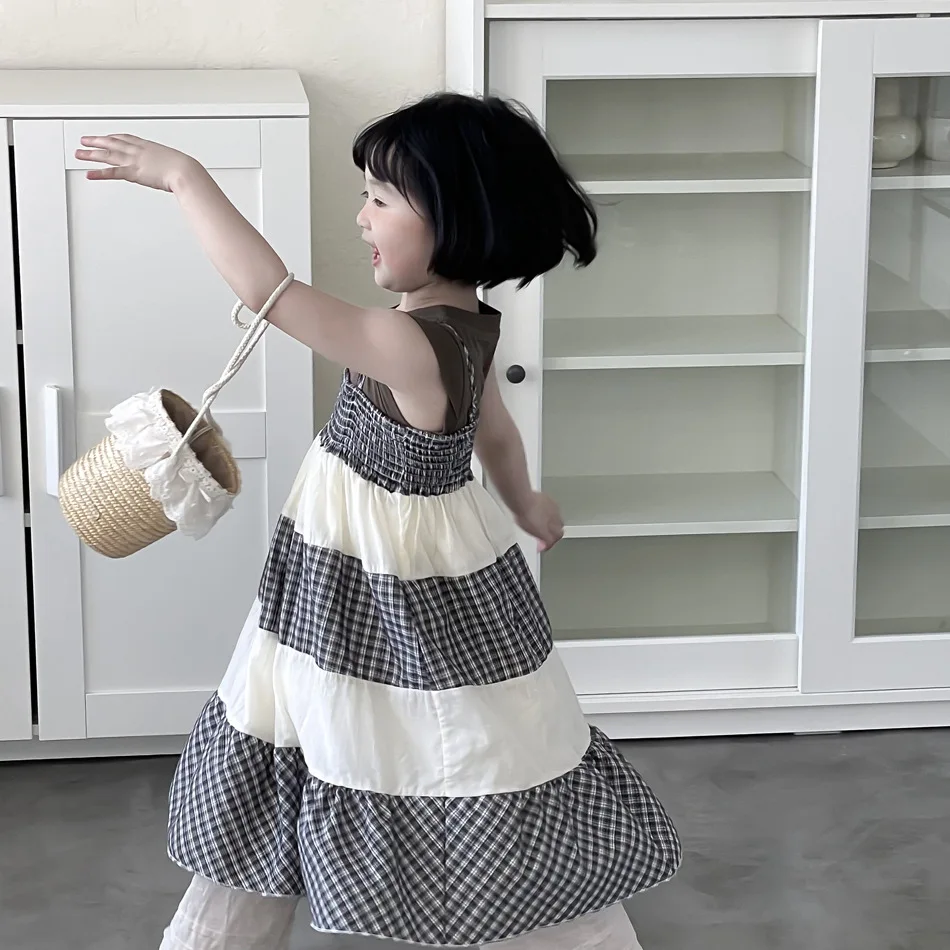 Girl Dress 2024 Princess Girls Summer New Korean Plaid Patchwork Dress Girl Baby Girl Fashion Korean Strapless Slip Dress