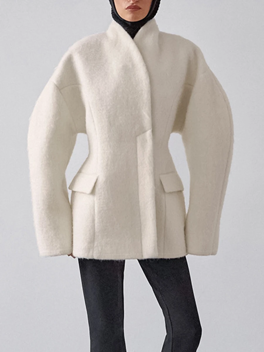 LIMO Women V Neck Wool Blend Coat Bat Long Sleeve Slim Waist Pocket Jacket Autumn Winter Warm Outerwear