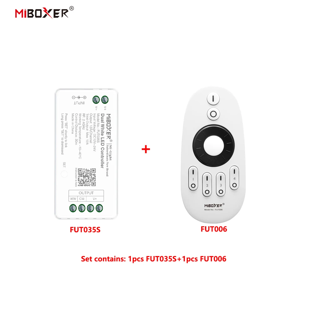 MiBoxer DC12~24V FUT035S+FUT006/FUT007/FUT094 2.4GHzRF Wireless Dual White 12A/Ch LED Controller For CCT COB/Led Strip Light