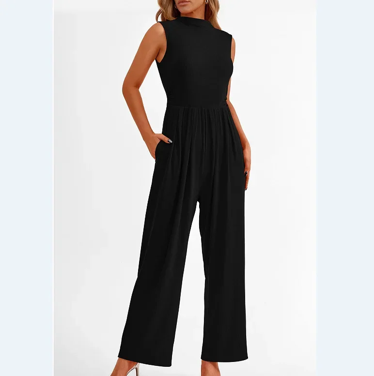 Tute da donna One Piece O Neck Pagliaccetti senza maniche Salopette Solid Pantaloni a gamba larga Tasche Vita alta Lunghezza caviglia Nozioni di base 2025